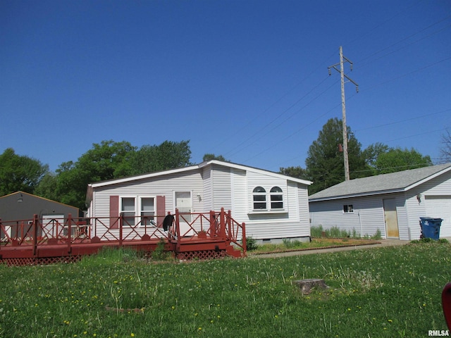 view of front of house featuring a deck, a front yard, and crawl space
