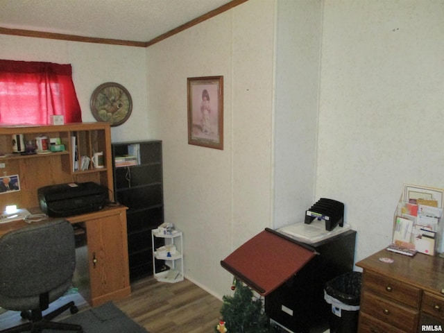 office with crown molding and wood finished floors