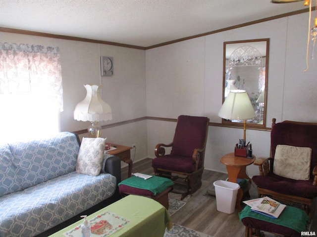 living area with a textured ceiling, wood finished floors, and ornamental molding