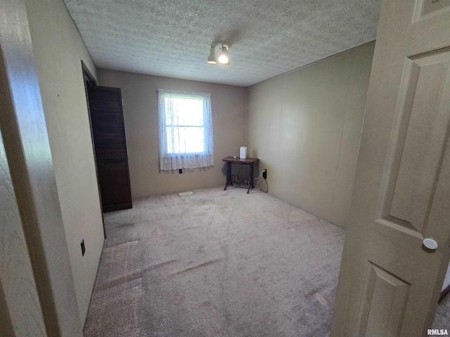 interior space with carpet floors and a textured ceiling
