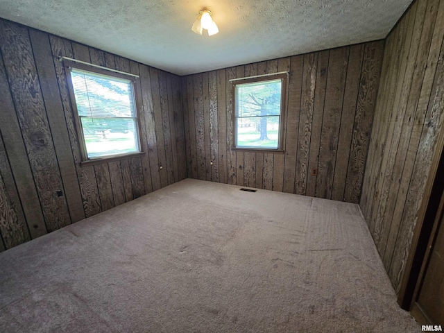 carpeted empty room with visible vents, wood walls, a textured ceiling, and a healthy amount of sunlight