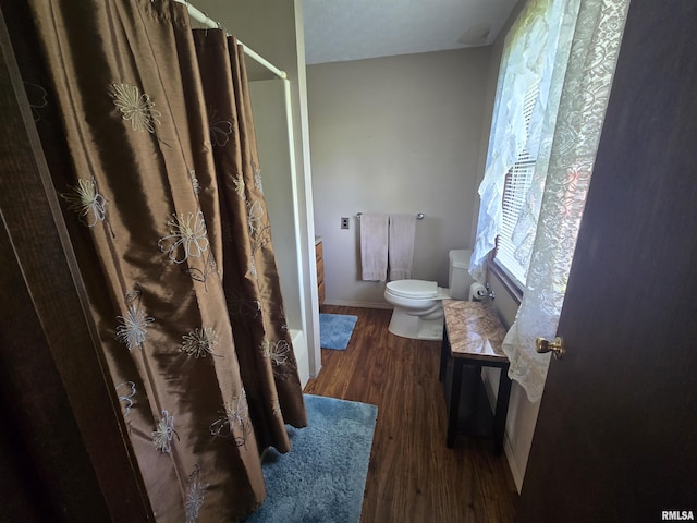 bathroom with vanity, wood finished floors, toilet, baseboards, and a shower with curtain