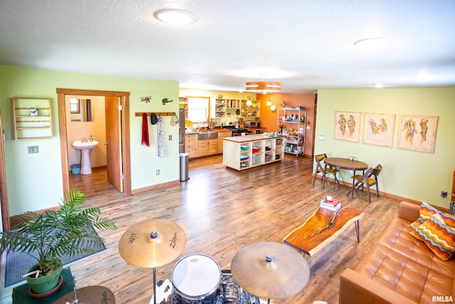 living room featuring wood finished floors and baseboards