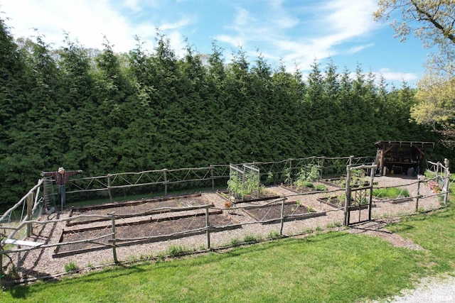 view of home's community featuring a garden, a yard, and fence