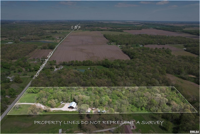 bird's eye view featuring a rural view and a forest view