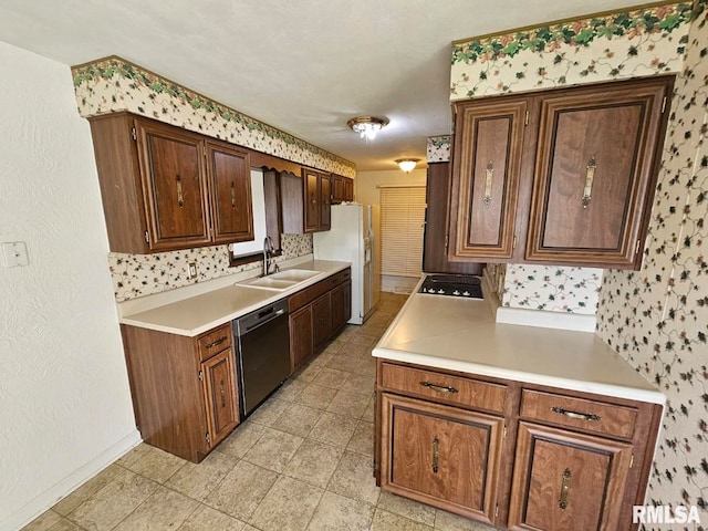 kitchen with light countertops, a sink, white refrigerator with ice dispenser, and dishwasher