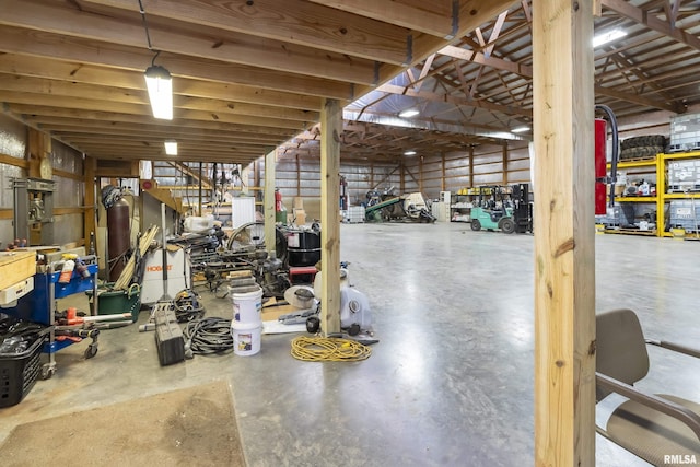 garage with a workshop area