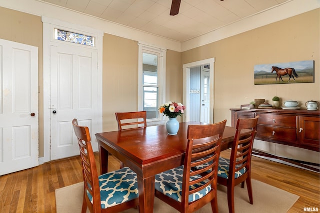 dining area with ceiling fan and wood finished floors