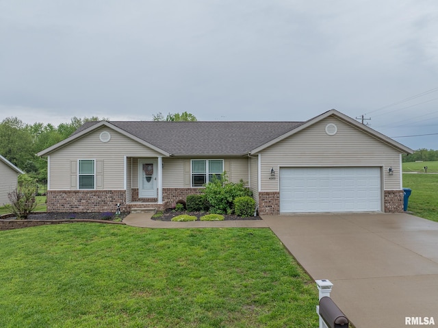 ranch-style home featuring a garage, driveway, a front lawn, and brick siding