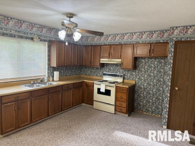 301 S Pershing St, Energy, IL 62933 - kitchen with a sink, a ceiling fan, wallpapered walls, under cabinet range hood, and white electric range