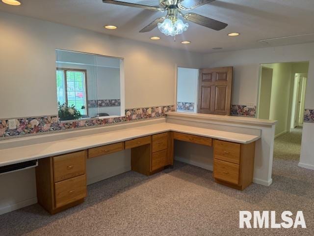 301 S Pershing St, Energy, IL 62933 - office area with light colored carpet, built in study area, attic access, a ceiling fan, and recessed lighting