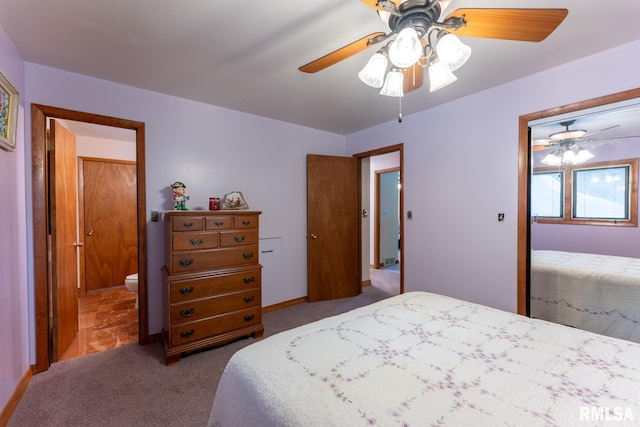bedroom featuring carpet flooring, a ceiling fan, and baseboards