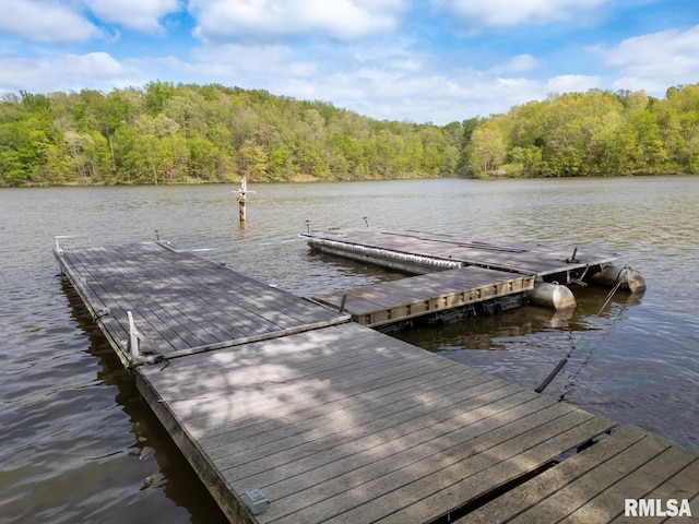 view of dock with a water view and a wooded view