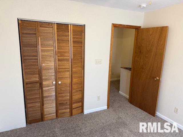 unfurnished bedroom featuring baseboards, carpet, and a closet