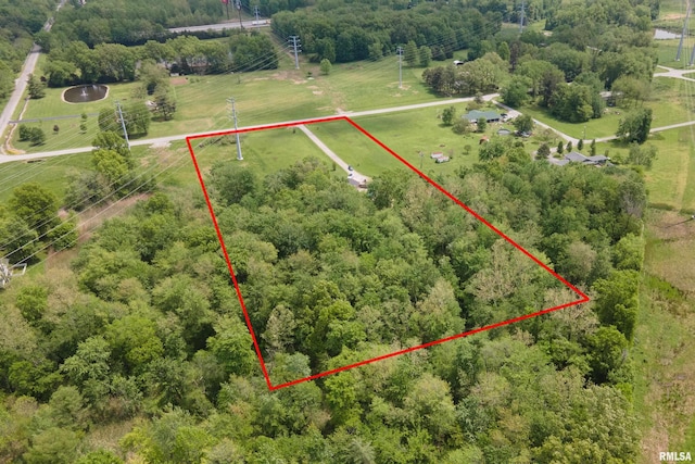 bird's eye view with a wooded view