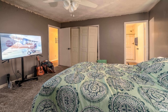 bedroom featuring carpet floors, a textured ceiling, ceiling fan, and a closet