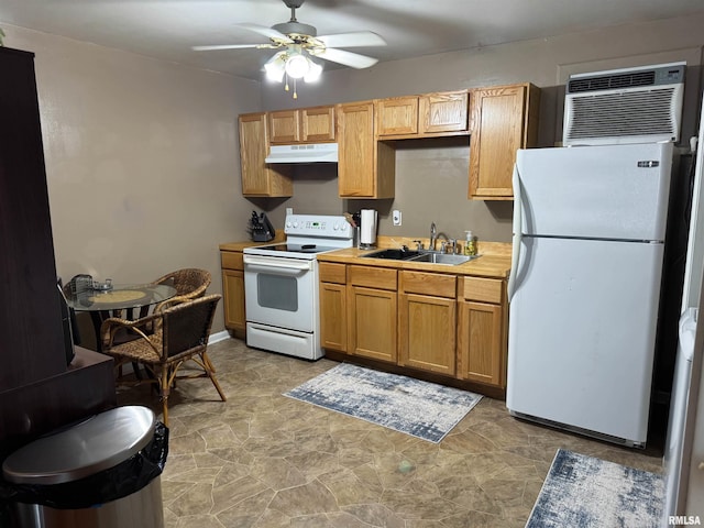 101 E Spring St, Anna, IL 62906 - kitchen with a ceiling fan, a sink, light countertops, under cabinet range hood, and white appliances