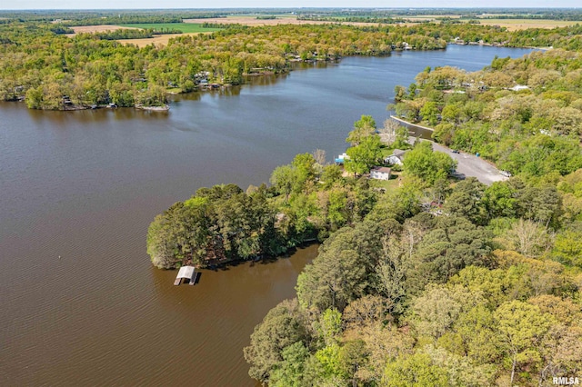 aerial view with a water view and a wooded view