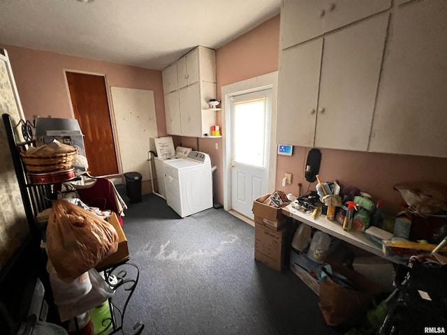 laundry room featuring carpet flooring, washer / dryer, and cabinet space