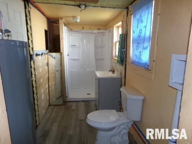 200 3rd St, Rosiclare, IL 62982 - bathroom featuring a sink, toilet, water heater, wood finished floors, and a stall shower