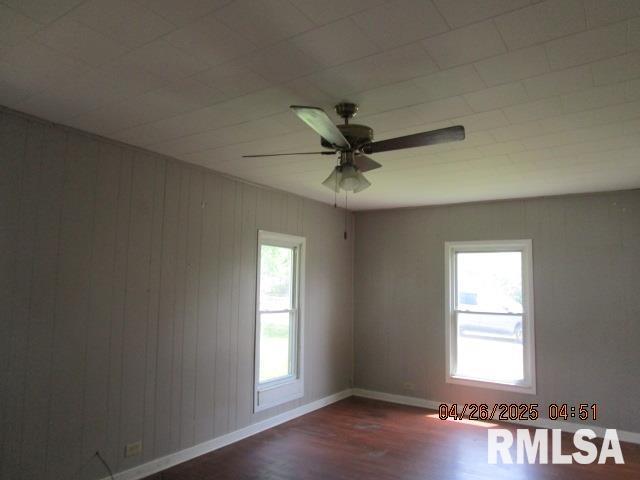 empty room with baseboards, a ceiling fan, dark wood-type flooring, and a wealth of natural light