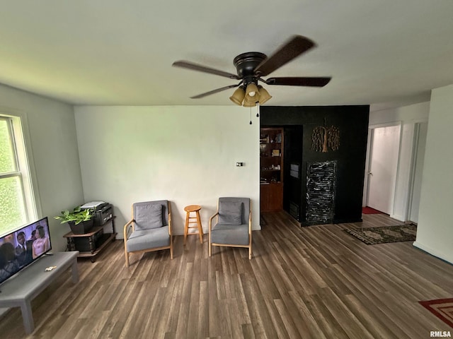 living area featuring ceiling fan and wood finished floors