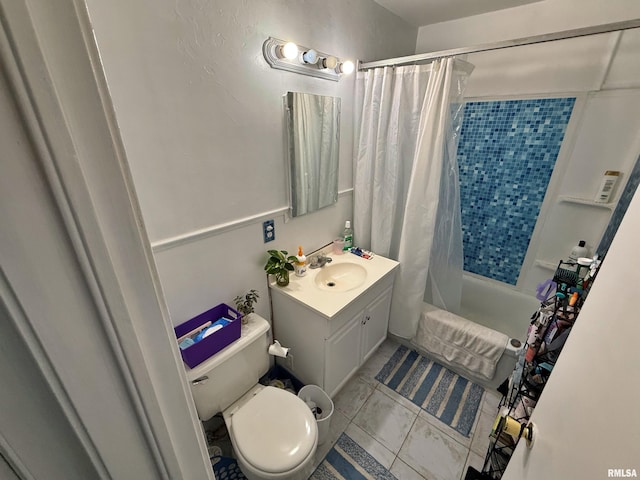 bathroom with vanity, shower / tub combo, tile patterned floors, and toilet