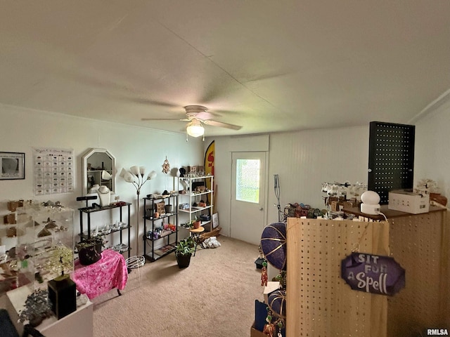 miscellaneous room with carpet flooring and a ceiling fan