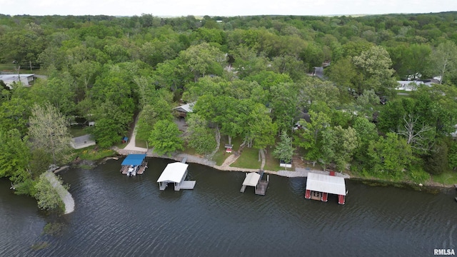 bird's eye view featuring a water view and a forest view