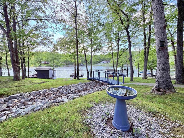 exterior space with a water view