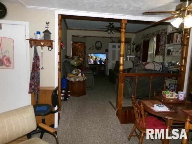 217 Trammel Rd, Carrier Mills, IL 62917 - dining space featuring carpet floors, a ceiling fan, and crown molding
