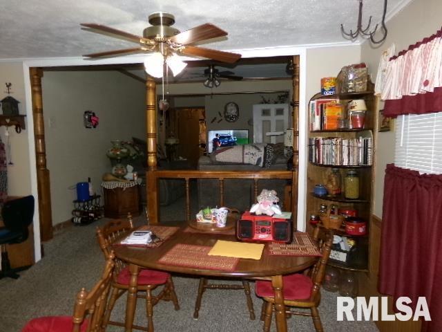 217 Trammel Rd, Carrier Mills, IL 62917 - dining space with carpet flooring, a ceiling fan, and crown molding