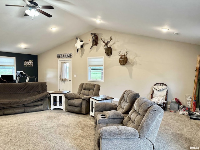 1821 Zion Hill Rd, Centralia, IL 62801 - carpeted living room featuring a ceiling fan, plenty of natural light, and vaulted ceiling