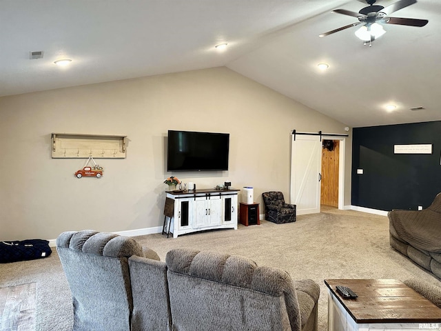 1821 Zion Hill Rd, Centralia, IL 62801 - carpeted living room featuring a barn door, ceiling fan, and vaulted ceiling