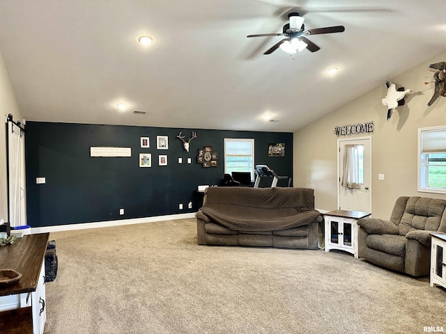 1821 Zion Hill Rd, Centralia, IL 62801 - living area featuring carpet, a ceiling fan, a barn door, and lofted ceiling