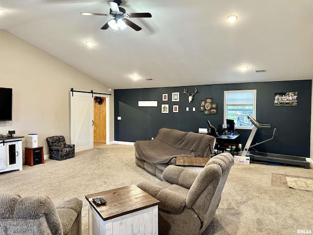 1821 Zion Hill Rd, Centralia, IL 62801 - living room with a barn door, carpet flooring, a ceiling fan, lofted ceiling, and recessed lighting