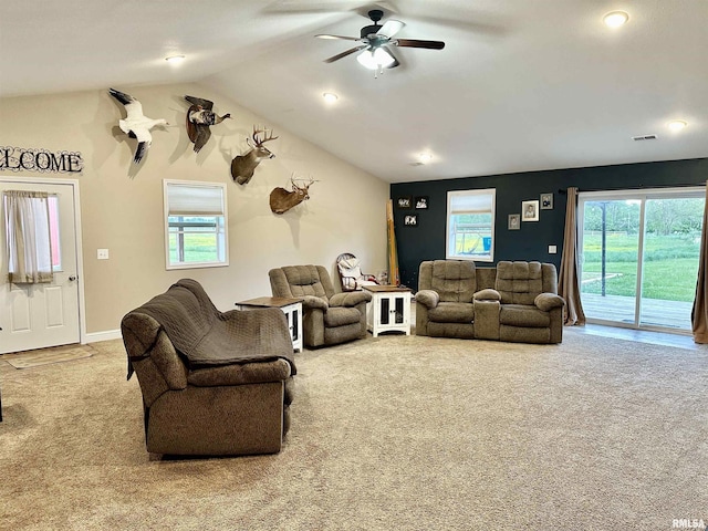 1821 Zion Hill Rd, Centralia, IL 62801 - living room featuring carpet floors, a ceiling fan, healthy amount of natural light, vaulted ceiling, and recessed lighting
