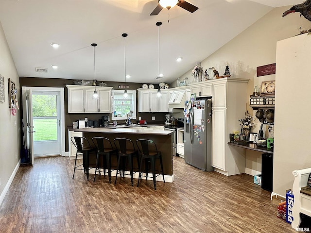1821 Zion Hill Rd, Centralia, IL 62801 - kitchen with stainless steel appliances, wood finished floors, ceiling fan, vaulted ceiling, and a breakfast bar area