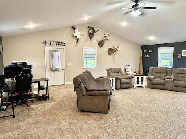 1821 Zion Hill Rd, Centralia, IL 62801 - carpeted living area with lofted ceiling and ceiling fan