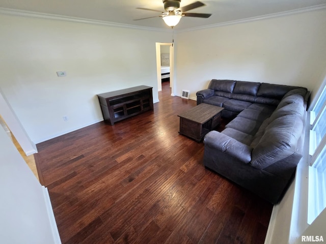living area with a ceiling fan, dark wood-style flooring, visible vents, baseboards, and ornamental molding