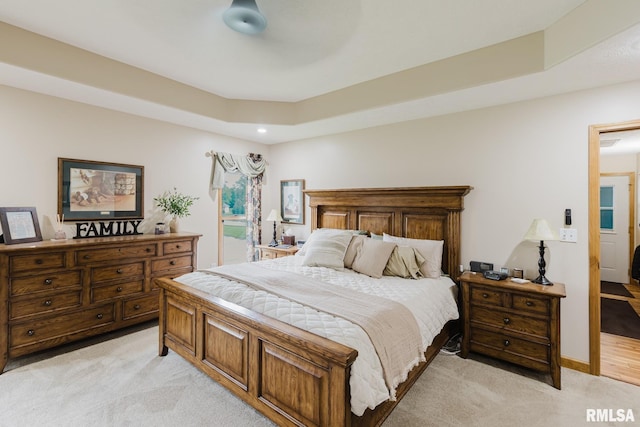 bedroom featuring recessed lighting and light carpet