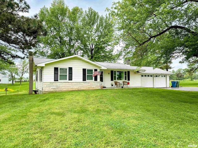 single story home with aphalt driveway, a front yard, stone siding, a chimney, and an attached garage