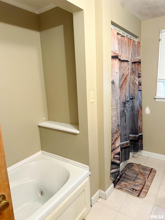 full bathroom featuring baseboards, a shower with shower curtain, tile patterned flooring, and a garden tub