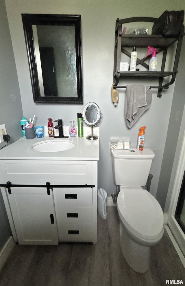 bathroom with vanity, toilet, and wood finished floors