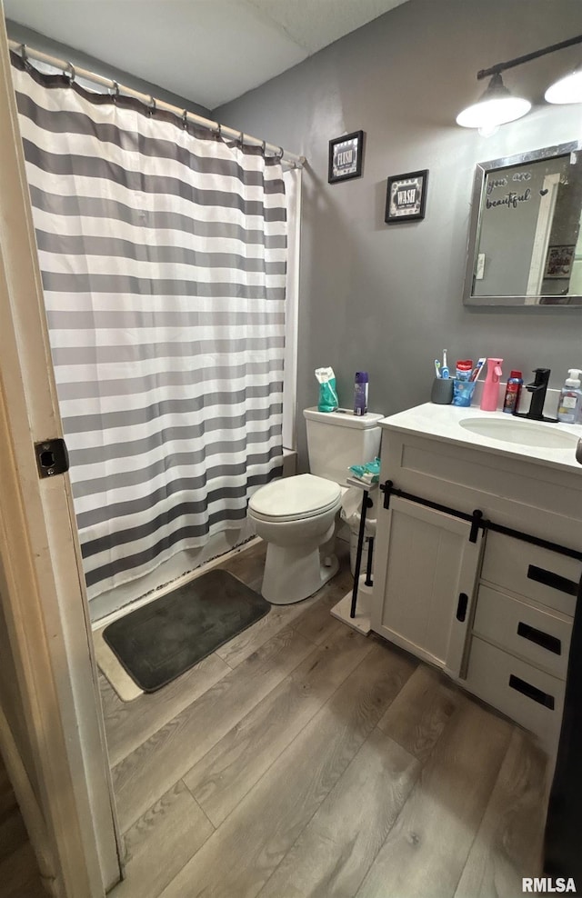 bathroom featuring vanity, wood finished floors, toilet, and curtained shower