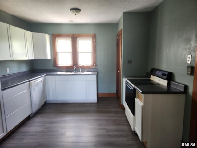 kitchen featuring electric range, white cabinetry, dark wood-type flooring, and dishwasher