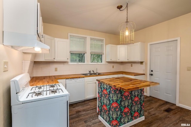 2016 Division St, Murphysboro, IL 62966 - kitchen featuring butcher block countertops, a sink, white appliances, backsplash, and white cabinets