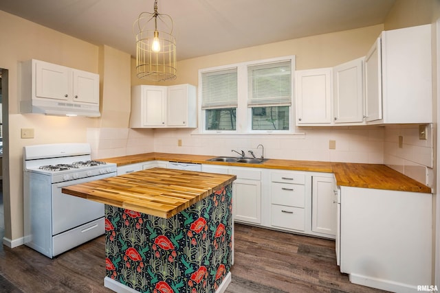 2016 Division St, Murphysboro, IL 62966 - kitchen featuring white appliances, butcher block countertops, under cabinet range hood, and white cabinets