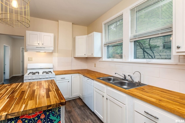 2016 Division St, Murphysboro, IL 62966 - kitchen with a sink, wood counters, dark wood finished floors, white appliances, and under cabinet range hood