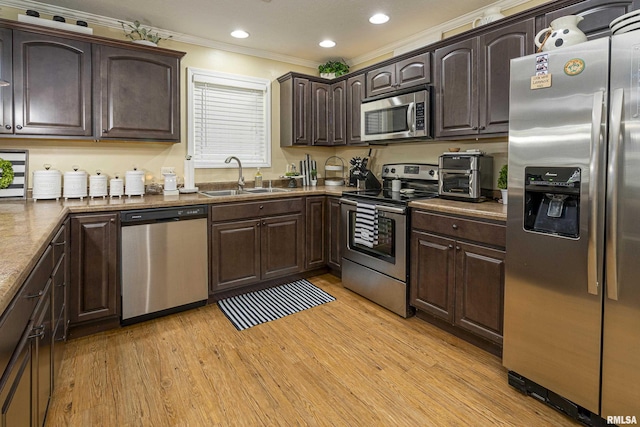 kitchen with dark brown cabinets, a sink, crown molding, light wood-type flooring, and appliances with stainless steel finishes